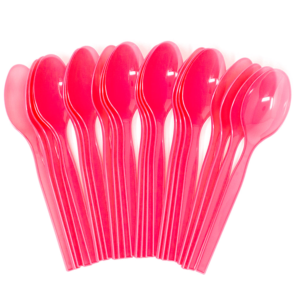 Image of the 24 hot pink spoons designed to match glow theme parties. These plastic spoons are perfect for adding a pop of color to your party and are ideal for any glow-in-the-dark or neon themed celebration. The set comes with 24 spoons and will be a great addition to your party tableware.