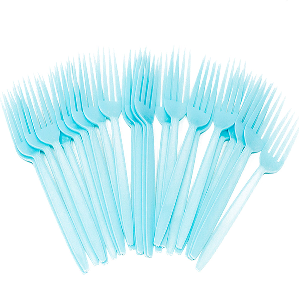 Image of light blue forks, perfectly matching the Monster theme party decorations.