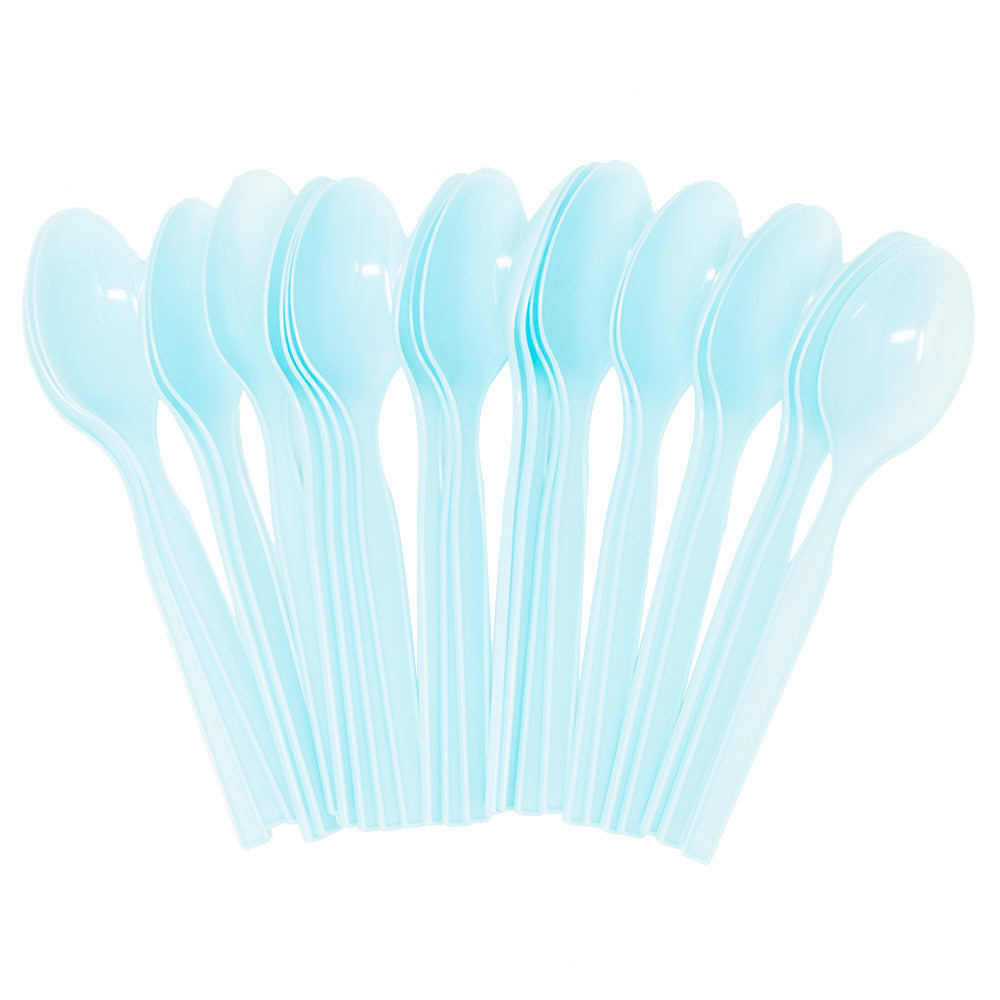Image of the light blue plastic spoons, designed to match 90s theme parties. These spoons come in a set of 24 and are perfect for adding a pop of color and nostalgia to any 90s themed celebration or party.