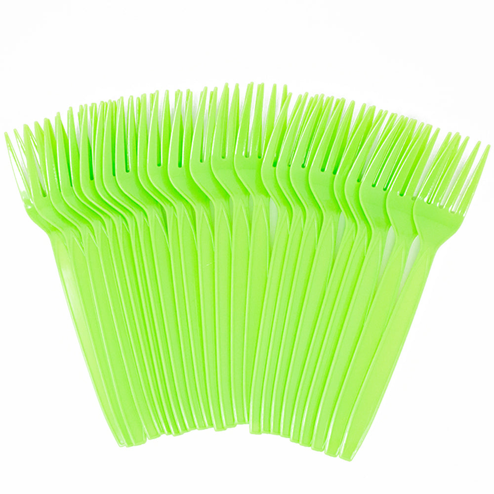 Image of lime green plastic forks, ideal for monkey-themed parties and other festive celebrations. The forks are arranged neatly on a plain background and feature a vibrant lime green color that matches the playful and colorful theme of the party.