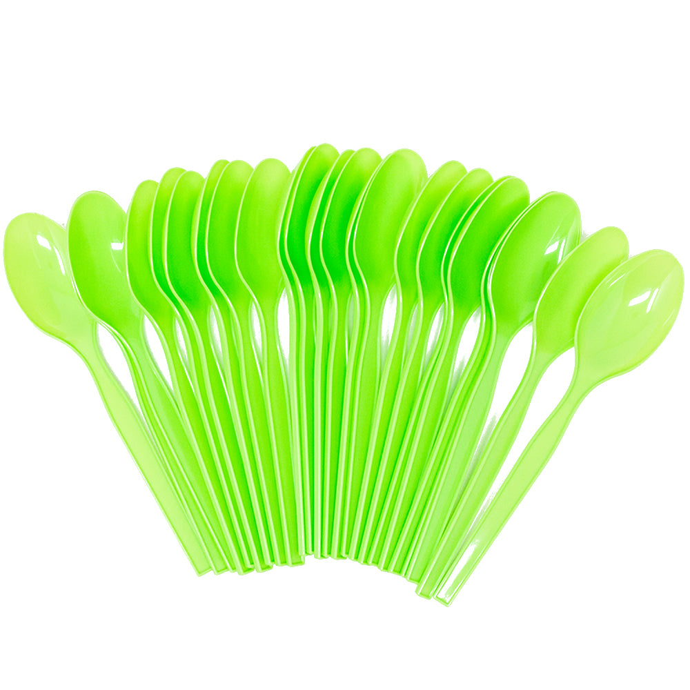 Image depicting a set of lime green plastic spoons, perfectly matching the Minecraft party theme. The forks are made of durable plastic material and have a bright, vibrant color that adds a fun touch to the party decor. These disposable spoons are ideal for serving food and snacks to guests, making clean-up a breeze after the party.