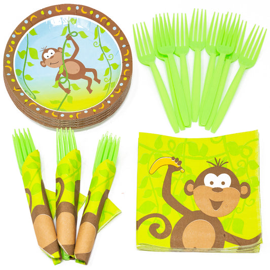 monkey value party supplies packs, monkey plates, monkey napkins, plastic forks