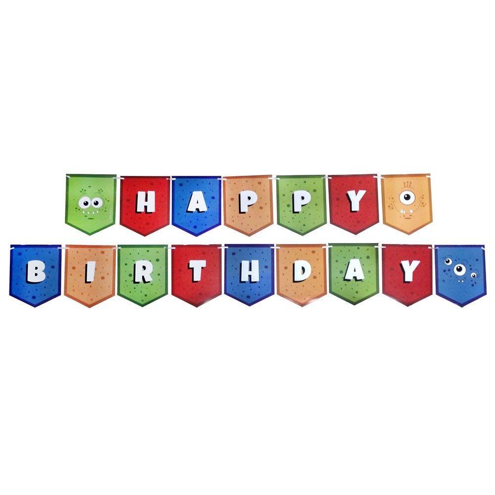 Image of Monster-themed happy birthday banner, featuring colorful and cute monster illustrations.
