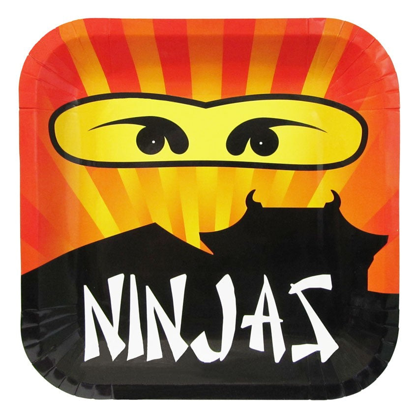 Image of 9-inch paper dinner plates with a Ninja Master theme, suitable for use in parties or events with a ninja or martial arts theme.