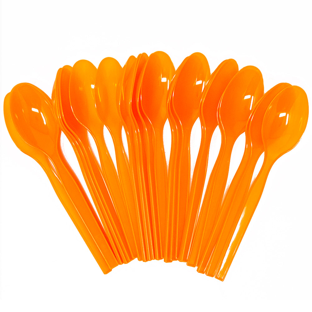 Image of the eXtreme Party Pack orange plastic spoons, designed to match extreme theme parties. These spoons come in a set of 24 and are perfect for outdoor and adventurous celebrations, adding a pop of color and fun to any occasion.