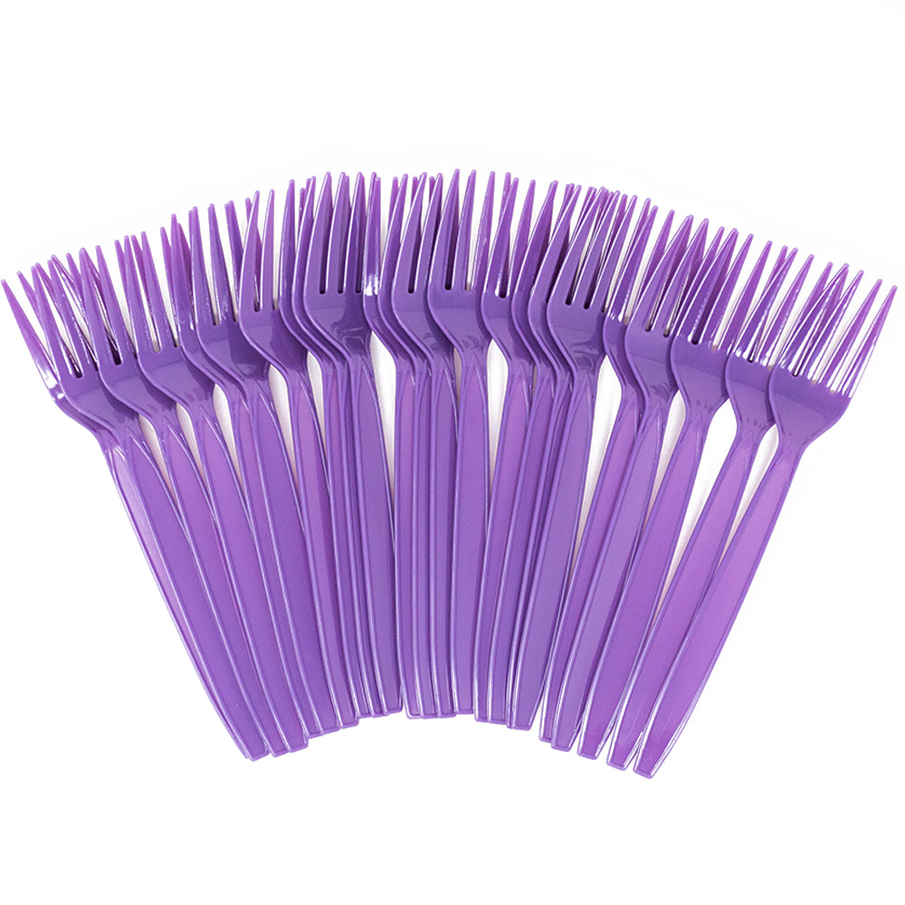 Image of 24 purple forks, perfect for a kitten-themed party or event.