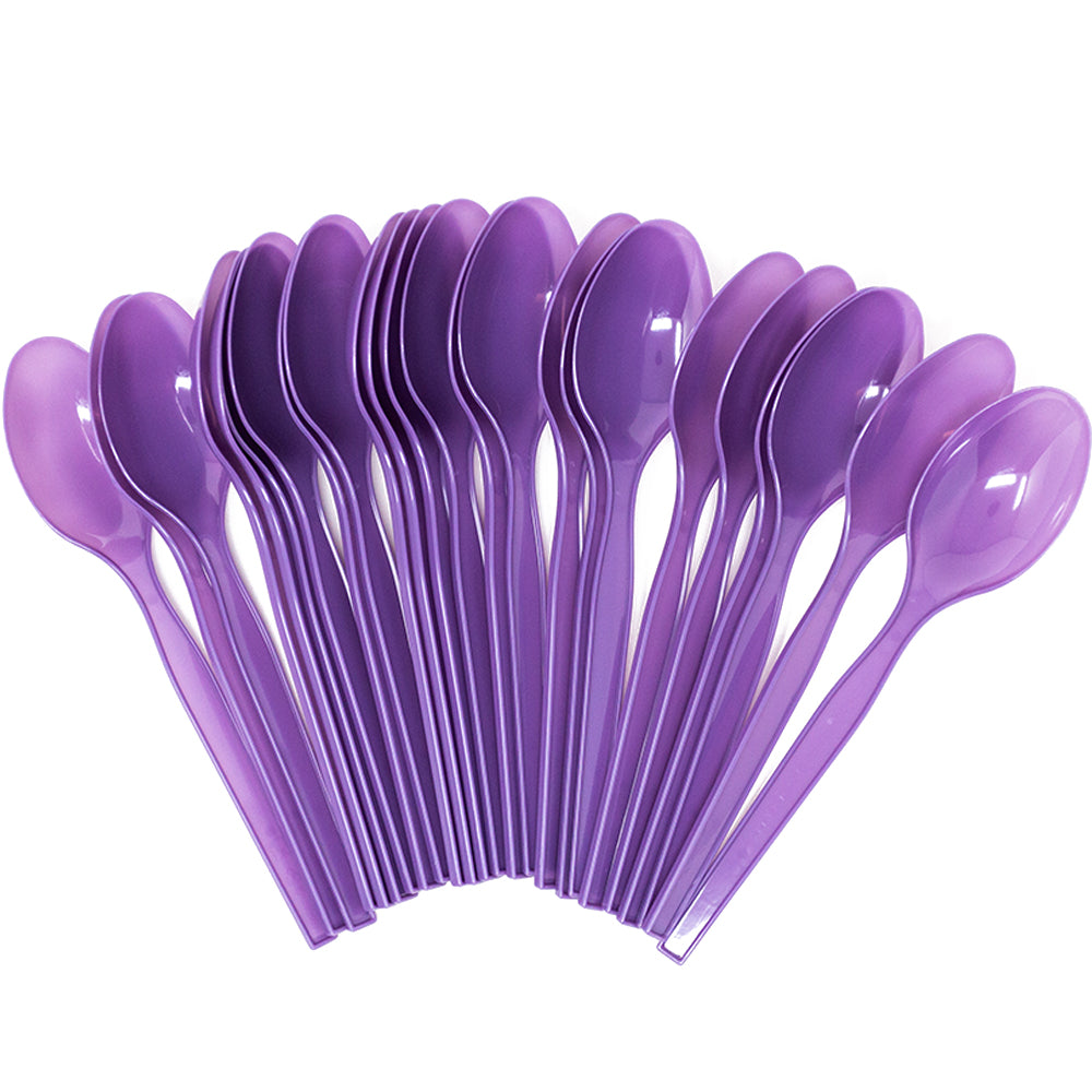 Image of 24 purple spoons, perfect for a kitten-themed party or event.